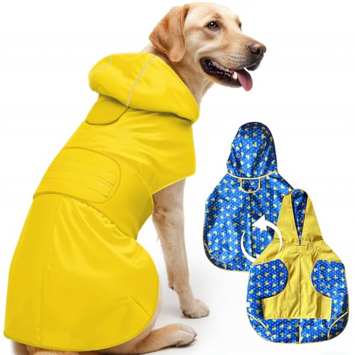 Regenmantel Hund wasserdicht - Beidseitig Tragbar Wasserdichter Hundemantel mit Kapuze und Reflektoren für trockene,sichere Gassigänge, den Hundespielplatz und den Urlaub mit Hund (XL - Gelb) von Surmounty