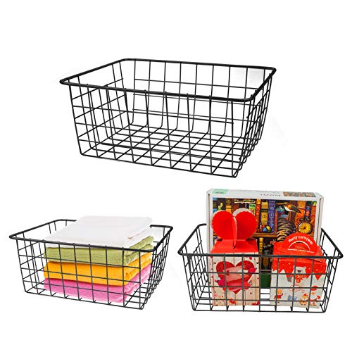 Surmounty Drahtkorb 3 Stück Aufbewahrungskorb mit Griffen, Metallkorb Allzweckkorb Universelle Gitterbox für Küche, Bad, Vorratskammer, 28x 18x 12cm,Schwarz von Surmounty