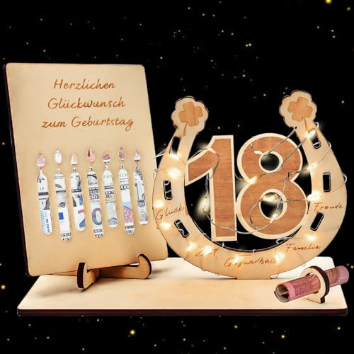 Surple 18 Geburtstag Deko Holz-Schild mit LED Gästebuch & Lichterkette Ständer,18 Geburtstag Deko Geschenke Geburtstag Männer & Frauen, Geldklammer Ornamente Deko Personalisierbares Geschenk von Surplex