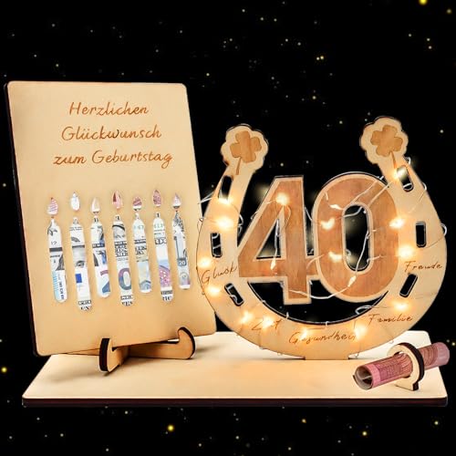 Surple 40 Geburtstag Deko Holz-Schild mit LED Gästebuch & Lichterkette Ständer,40 Geburtstag Deko Geschenke Geburtstag Männer & Frauen, Geldklammer Ornamente Deko Personalisierbares Geschenk von Surplex
