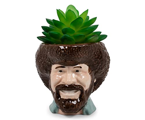 Surreal Entertainment Bob Ross Mini-Keramik-Übertopf mit künstlichen Sukkulenten, kleiner Blumentopf, künstliche Zimmerpflanzen für Schreibtischregal, dekoratives Tablett, Schmuckschale von Surreal Entertainment