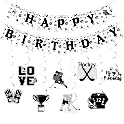 Sursurprise Schwarze Hockey-Geburtstagsdekorationen, Eishockey-Happy Birthday-Banner, hängende Wirbel, Deckenschlangen für Sport, Geburtstag, Partyzubehör Sursurprise Schwarze Hockey-Geburtstagsdekorationen, Eishockey-Happy Birthday-Banner, hängende Wirbel, Deckenschlangen für Sport, Geburtstag, Partyzubehör von Sursurprise