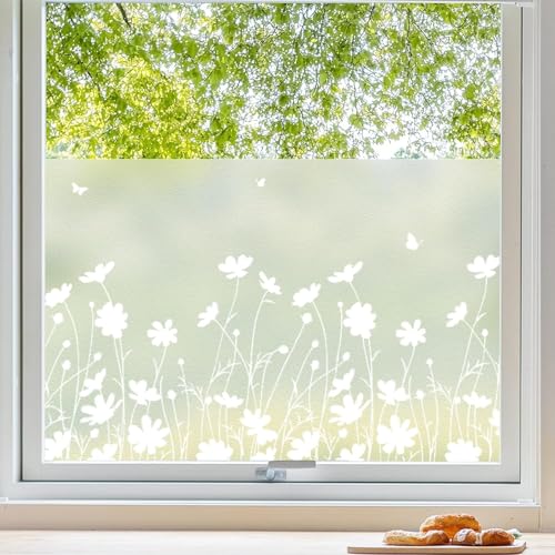 Surviguard Fensterfolie Blickdicht Sichtschutzfolie Fenster Blumenmuster Milchglasfolie Selbstklebend Fenster Statisch Folie ohne Klebstoff Klebefolie Fenster für Bad, Büro, Küche, 45cm*200cm von Surviguard