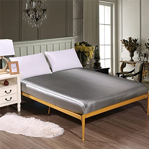 Surwin Satin Seide Spannbettlaken Spannbetttuch Boxspringbett, Weiche Einfarbig Matratzenbezug Steghöhe bis 30 cm, mit Elastischem Gummiband für Einzelbett Doppelbett (Grau,140x190x30cm) von Surwin