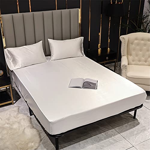 Surwin Satin Seide Spannbettlaken Spannbetttuch Boxspringbett, Weiche Einfarbig Matratzenbezug Steghöhe bis 36/40 cm,mit Elastischem Gummiband für Einzelbett Doppelbett (180x200x40cm,Weiß) von Surwin