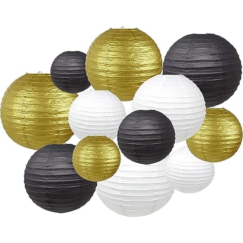 Surwin 12 pcs Bunte Papierlaterne Set, Hochzeitsdeko Party Deko Lampions, Rund Papierlampe Hängend Papierlaternen für Geburtstag, Abschlussfeier, Babyparty, Brautdusche (Schwarz/Gold/Weiß) von Surwin