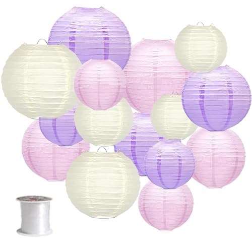 Surwin 15 pcs Bunte Papierlaterne Set, Hochzeitsdeko Party Deko Lampions, Rund Papierlampe Hängend Papierlaternen für Geburtstag, Abschlussfeier, Babyparty, Brautdusche (Lila Hochzeit) von Surwin