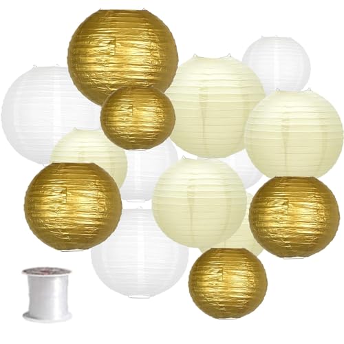 Surwin 15 pcs Bunte Papierlaterne Set, Hochzeitsdeko Party Deko Lampions, Rund Papierlampe Hängend Papierlaternen für Geburtstag, Abschlussfeier, Babyparty, Brautdusche (Weiß/Eierschale/Gold) von Surwin