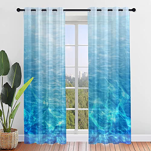 Surwin 2 Stück Gardinen mit Ösen, 3D Wellendruck Vorhänge, Modern Transparent Vorhänge Wohnzimmer Polyester Gardinen Küche Fenster Wohnzimmer Schlafzimmer (132x182cm,Blau) von Surwin