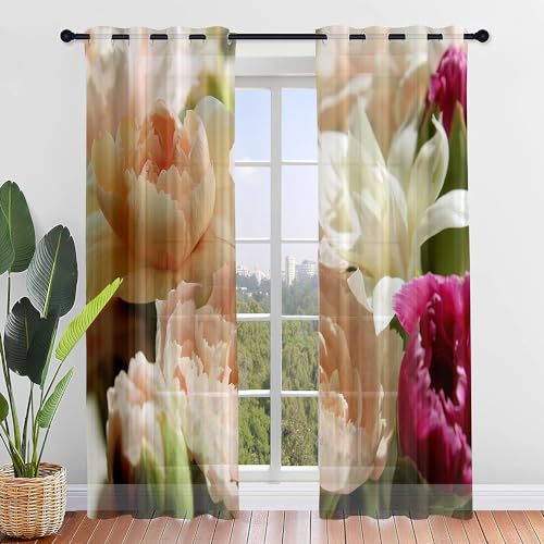 Surwin 2 Stück Gardinen mit Ösen, Blumen Druck Vorhänge, Modern Transparent Vorhänge Wohnzimmer Polyester Gardinen Küche Fenster Wohnzimmer Schlafzimmer (80x115cm,Bunt) von Surwin