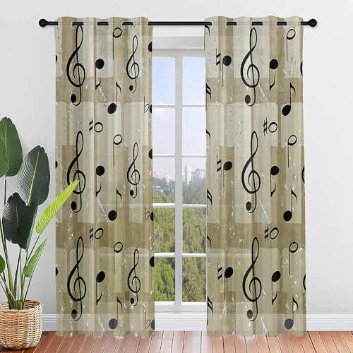 Surwin 2 Stück Gardinen mit Ösen, Bunter Musikdruck Vorhänge, Modern Transparent Vorhänge Wohnzimmer Polyester Gardinen Küche Fenster Wohnzimmer Schlafzimmer (Retro,132x213cm) von Surwin