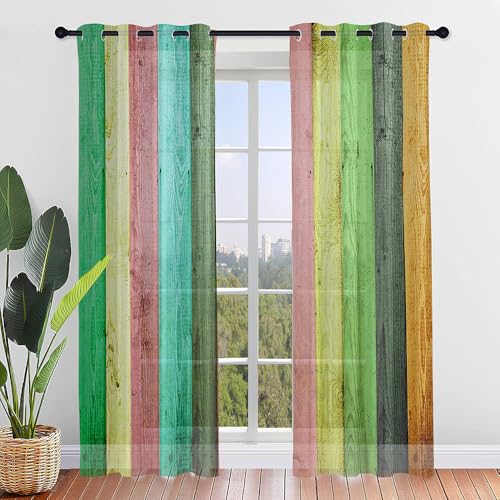 Surwin 2 Stück Gardinen mit Ösen, Holzbrett Textur Vorhänge, Modern Transparent Vorhänge Wohnzimmer Polyester Gardinen Küche Fenster Wohnzimmer Schlafzimmer (55x95cm,Bunt) von Surwin