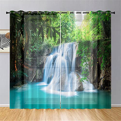 Surwin 3D-Landschaftsmuster Vorhänge, 2 Stück Gardinen mit Ösen, Modern Transparent Vorhänge Wohnzimmer Polyester Gardinen Küche Fenster Wohnzimmer Schlafzimmer (107x160cm,Grün) von Surwin