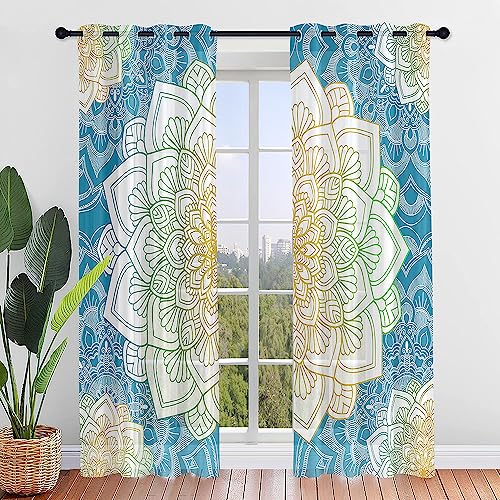 Surwin 3D Mandala Gardinen mit Ösen, 2er Set Drucken Vorhänge, Modern Transparent Vorhänge Wohnzimmer Polyester Gardinen Küche Fenster Wohnzimmer Schlafzimmer (132x160cm,Gelb) von Surwin