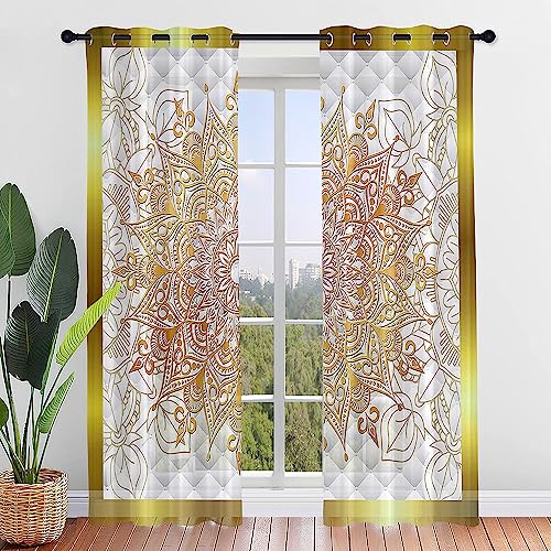 Surwin 3D Mandala Gardinen mit Ösen, 2er Set Drucken Vorhänge, Modern Transparent Vorhänge Wohnzimmer Polyester Gardinen Küche Fenster Wohnzimmer Schlafzimmer (80x115cm,Gold) von Surwin