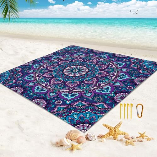 Surwin 3D Mandala Stranddecke Sandfrei Wasserdicht Stranddecke XXL Strandmatte Faltbar Ultraleicht und Tragbar Picknickdecke mit 4 Heringen für Strand Camping Outdoor (Blumen,200x200cm) von Surwin