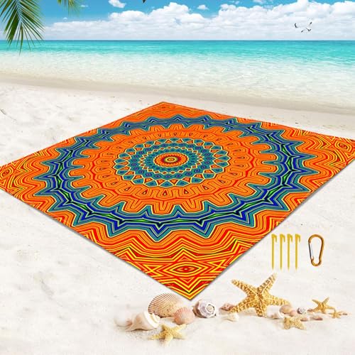 Surwin 3D Mandala Stranddecke Sandfrei Wasserdicht Stranddecke XXL Strandmatte Faltbar Ultraleicht und Tragbar Picknickdecke mit 4 Heringen für Strand Camping Outdoor (Orange,180x180cm) von Surwin