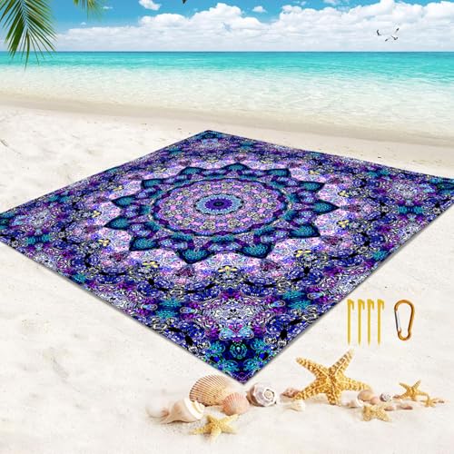 Surwin 3D Mandala Stranddecke Sandfrei Wasserdicht Stranddecke XXL Strandmatte Faltbar Ultraleicht und Tragbar Picknickdecke mit 4 Heringen für Strand Camping Outdoor (Verträumt,200x200cm) von Surwin