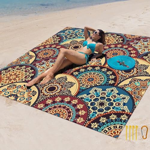 Surwin 3D Patchwork Stranddecke Sandfrei Wasserdicht Stranddecke XXL Strandmatte Faltbar Ultraleicht und Tragbar Picknickdecke mit 4 Heringen für Strand Camping Outdoor (Kreis,180x180cm) von Surwin