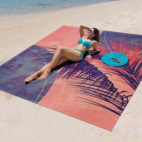 Surwin 3D Patchwork Stranddecke Sandfrei Wasserdicht Stranddecke XXL Strandmatte Faltbar Ultraleicht und Tragbar Picknickdecke mit 4 Heringen für Strand Camping Outdoor (Palmblatt,150x150cm) von Surwin