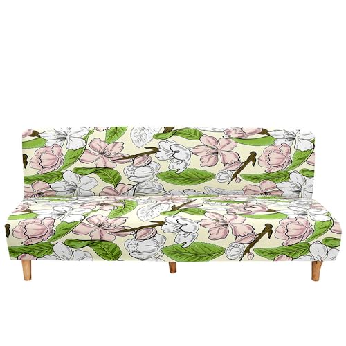 Surwin 3D Sofabezug ohne Armlehnen Stretch Armlose Sofabettüberzug Pflaumenblüte Clic Clac Sofahusse Schonbezug Protector für Klappcouch Schlafsofa mit 2-3 Sitzplätzen (Grüne Blätter,190-230cm) von Surwin