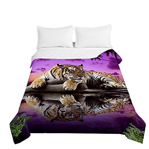 Surwin 3D Tiger Tagesdecken Bedrucktes Bettüberwurf aus Mikrofaser, Gesteppt Steppdecke für Doppelbett Einzelbett oder Kinder, Sommer Komfort Prägung Tagesdecken (Abendrot,180x220cm) von Surwin