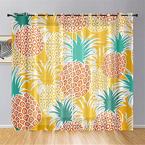 Surwin Ananasmuster Gardinen mit Ösen, 2er Set Drucken Vorhänge, Modern Transparent Vorhänge Wohnzimmer Polyester Gardinen Küche Fenster Wohnzimmer Schlafzimmer (140x244cm,orange) von Surwin