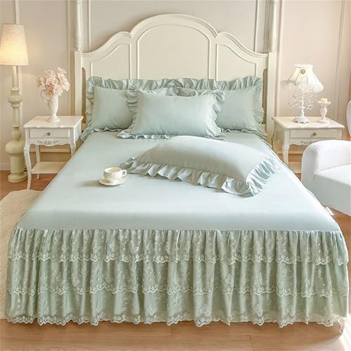 Surwin Betthusse Bettrock, Alles Inklusive Spannbettlaken mit Rüschen, Schmetterlingsspitze Gesteppt Tagesdecke, Mikrofaser Weiche Bettlaken für 45 cm Hohes Bett (grün,180x220cm) von Surwin