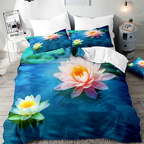 Surwin Bettwäsche-Set 3 Teilig, Microfaser Bettwäsche Set Einzelbett Doppelbett 3D Wasserlotus Drucken Bettbezug mit Reißverschluss und 2 Kissenbezüge für Jungen Mädchen (Blau,200x200cm) von Surwin