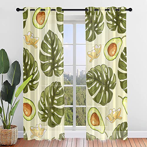 Surwin Blattdruck Gardinen mit Ösen, 2er Set Drucken Vorhänge, Modern Transparent Vorhänge Wohnzimmer Polyester Gardinen Küche Fenster Wohnzimmer Schlafzimmer (132x213cm,Avocado) von Surwin