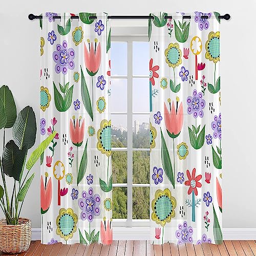 Surwin Blumen Druck Vorhänge, 2 Stück Gardinen mit Ösen, Modern Transparent Vorhänge Wohnzimmer Polyester Gardinen Küche Fenster Wohnzimmer Schlafzimmer (Bunt,107x160cm) von Surwin