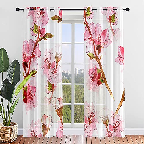 Surwin Blumenmuster Gardinen mit Ösen, 2er Set Drucken Vorhänge, Modern Transparent Vorhänge Wohnzimmer Polyester Gardinen Küche Fenster Wohnzimmer Schlafzimmer (107x213cm,Pfirsichblüte) von Surwin