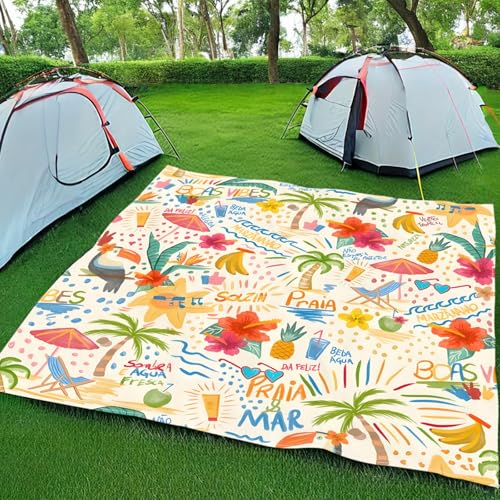 Surwin Bunt Stranddecke Sandfrei Wasserdicht Stranddecke XXL Strandmatte Faltbar Ultraleicht und Tragbar Picknickdecke mit 4 Heringen für Strand Camping Outdoor (Kokospalmen,180x180cm) von Surwin