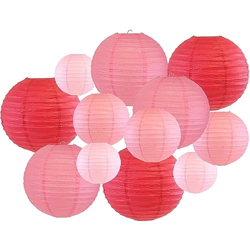 Surwin Bunte Papierlaterne Set, 12 pcs Hochzeitsdeko Party Deko Lampions, Rund Papierlampe Hängend Papierlaternen für Geburtstag, Babyparty, Abschlussfeier, Brautdusche (Rot/Pfirsich/Rosa B) von Surwin