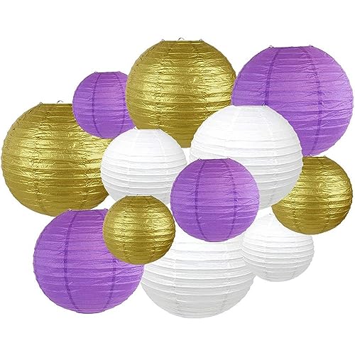 Surwin Bunte Papierlaterne Set, 12 pcs Hochzeitsdeko Party Deko Lampions, Rund Papierlampe Hängend Papierlaternen für Geburtstag, Babyparty, Abschlussfeier, Brautdusche (Weiß/Gold/Violett) von Surwin