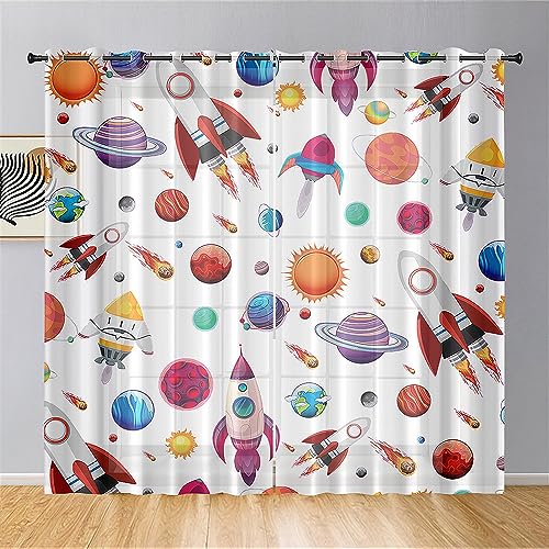 Surwin Cartoon-Planet Gardinen mit Ösen, 2er Set Drucken Vorhänge, Modern Transparent Vorhänge Wohnzimmer Polyester Gardinen Küche Fenster Wohnzimmer Schlafzimmer (132x182cm,Raumschiff) von Surwin