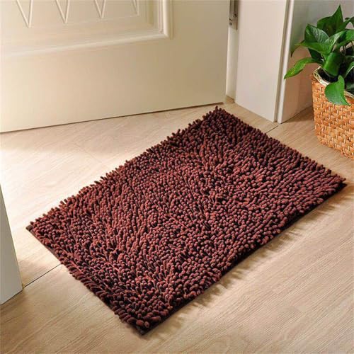 Surwin Chenille Badematte rutschfest Badteppich, Anmut Volltonfarbe Weich Flauschig Badezimmermatten Badezimmerteppich Saugfähig Waschbar Badvorleger Fußmatte für Badezimmer (Braun,60x90cm) von Surwin