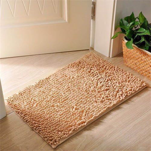 Surwin Chenille Badematte rutschfest Badteppich, Anmut Volltonfarbe Weich Flauschig Badezimmermatten Badezimmerteppich Saugfähig Waschbar Badvorleger Fußmatte für Badezimmer (Khaki,70x140cm) von Surwin