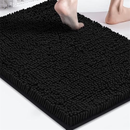 Surwin Chenille Badematte rutschfest Badteppich, Volltonfarbe Weich Flauschig Badezimmermatten Badezimmerteppich Saugfähig Waschbar Badvorleger Fußmatte für Badezimmer Toilette (Schwarz,50x50cm) von Surwin