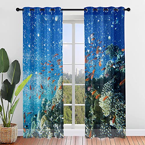 Surwin Die Unterwasserwelt Druck Vorhänge, 2 Stück Gardinen mit Ösen, Modern Transparent Vorhänge Wohnzimmer Polyester Gardinen Küche Fenster Wohnzimmer Schlafzimmer (132x213cm,Fisch) von Surwin