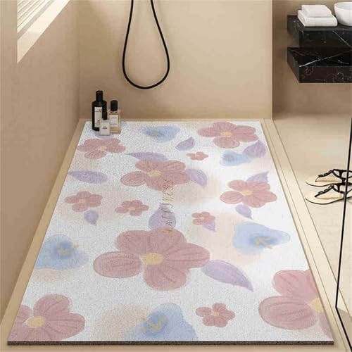 Surwin Duschmatte rutschfest, Mode Netter Stil Weich Komfort Duschmatten, Waschbar PVC-Luffa Badewannenmatte, Pflegeleicht Schnell Trocknend rutschfeste Fußmatte (Rosa Blumen,90x90cm) von Surwin