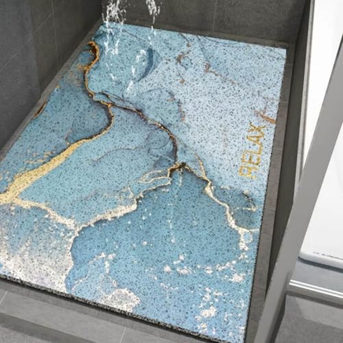 Surwin Duschmatte rutschfest PVC, Marmor Stil Luffa Badematte Massage Duschmatten mit Ablaufloch, Weich Komfort Schnelltrocknend Badewannenmatte Antirutschmatte Waschbar (Blau Marmor,60x80cm) von Surwin
