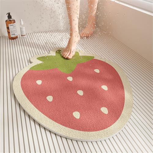 Surwin Duschmatte rutschfest PVC, Obst Form Luffa Badematte Schnelltrocknend Massage Duschmatten mit Ablaufloch, Weich Komfort Badewannenmatte Antirutschmatte Badewanne (Rosa Erdbeere,40x60cm) von Surwin