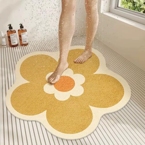 Surwin Duschmatte rutschfest PVC,Blume Form Luffa Badematte Massage Duschmatten mit Ablaufloch, Weich Komfort Schnelltrocknend Badewannenmatte Antirutschmatte Badewanne (Gelb Blütenblatt,80x80cm) von Surwin