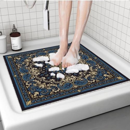 Surwin Duschmatte rutschfest Quadrat Badezimmermatte Europäischer Stil Muster Weich Komfort PVC-Luffa Badmatte mit Ablauflöchern Schnell Trocknend für Dusche, Nassbereiche (Dunkelblau,60x60cm) von Surwin