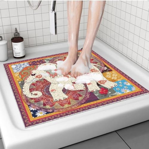 Surwin Duschmatte rutschfest Quadrat Badezimmermatte Europäischer Stil Muster Weich Komfort PVC-Luffa Badmatte mit Ablauflöchern Schnell Trocknend für Dusche, Nassbereiche (Rot,75x75cm) von Surwin