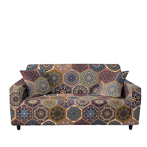 Surwin Elastisch Sofa Überwürfe 1 2 3 4 Sitzer, 3D Mandala Muster Sofabezug Stretch Schonbezug Universal Sofahusse für Armlehnen Sofa Abdeckung Couchbezug (marokkanischer Stil,2 Sitzer (145-185cm)) von Surwin