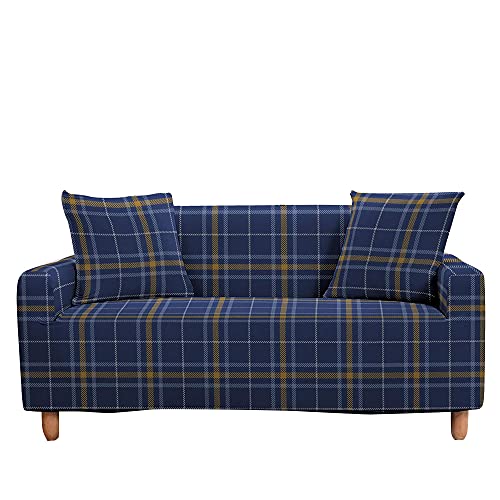 Surwin Elastisch Sofa Überwürfe 1 2 3 4 Sitzer, 3D Pflanze Muster Sofabezug Stretch Schonbezug Universal Sofahusse für Armlehnen Sofa Abdeckung Couchbezug (Blau kariert,2 Sitzer (145-185cm)) von Surwin