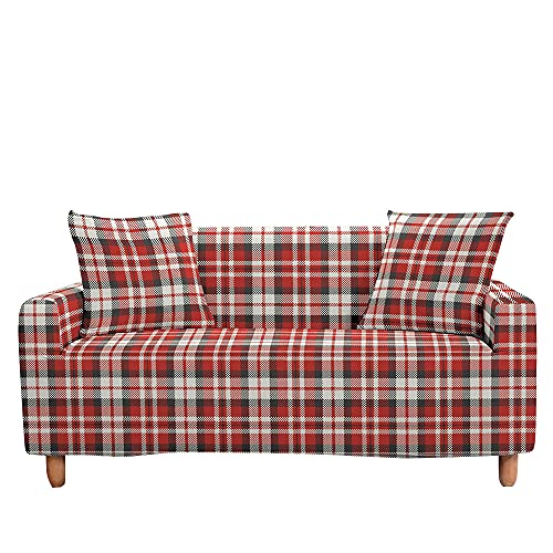 Surwin Elastisch Sofa Überwürfe 1 2 3 4 Sitzer, 3D Pflanze Muster Sofabezug Stretch Schonbezug Universal Sofahusse für Armlehnen Sofa Abdeckung Couchbezug (Rot kariert,2 Sitzer (145-185cm)) von Surwin