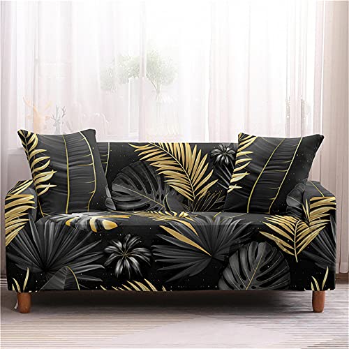 Surwin Elastisch Sofa Überwürfe 1 2 3 4 Sitzer, 3D Pflanze Muster Sofabezug Stretch Schonbezug Universal Sofahusse für Armlehnen Sofa Abdeckung Couchbezug (Schwarzes Gold,1 Sitzer (90-140cm)) von Surwin